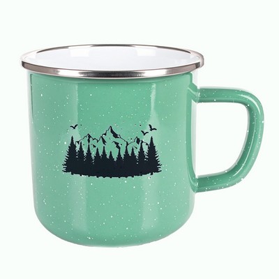 Happy Camper enamel 18oz mug w/SS rim Aqua with white dots