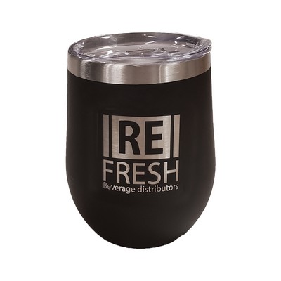 Calico 12oz stemless vacuum insulated steel cup, matte black w/clear lid- Etch