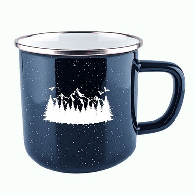 Happy Camper enamel 18oz mug w/SS rim Blue with white dots