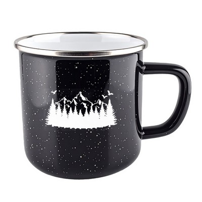 Happy Camper enamel 18oz mug w/SS rim black with white dots