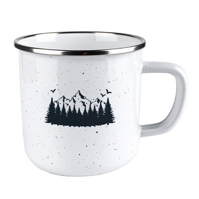Happy Camper enamel 18oz mug w/SS rim white with black dots
